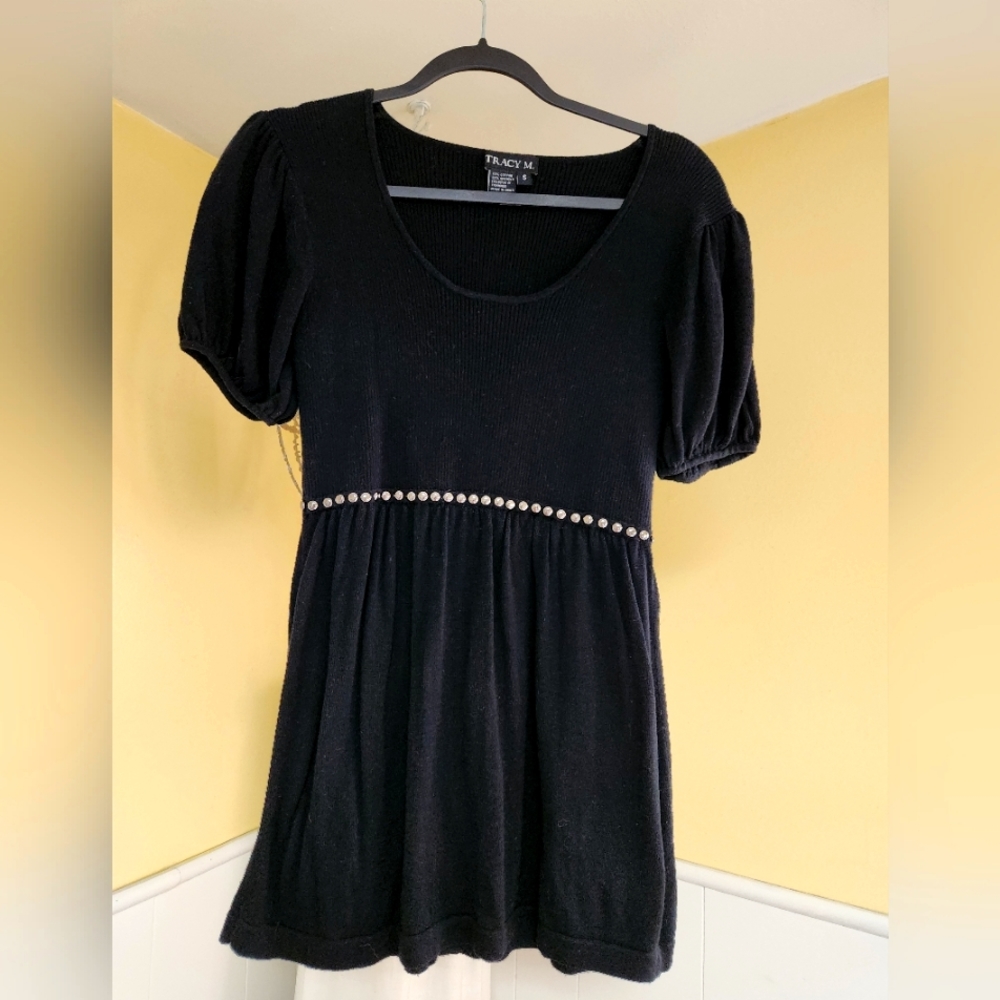 NWOT Black sweater with puffed sleeves and embellishments
